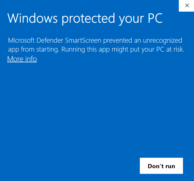 Windows SmartScreen Initial Warning